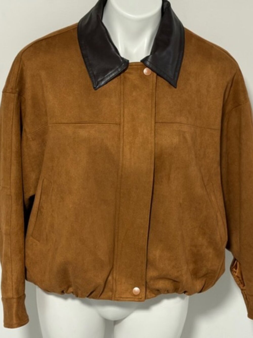 WOMENS BROWN JACKET FAUX SUEDE WITH FAUX LEATHER COLLAR XS